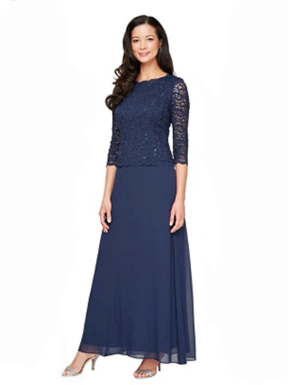 Alex Evenings Juliet Sequin Lace & Chiffon Gown Blue Size 6